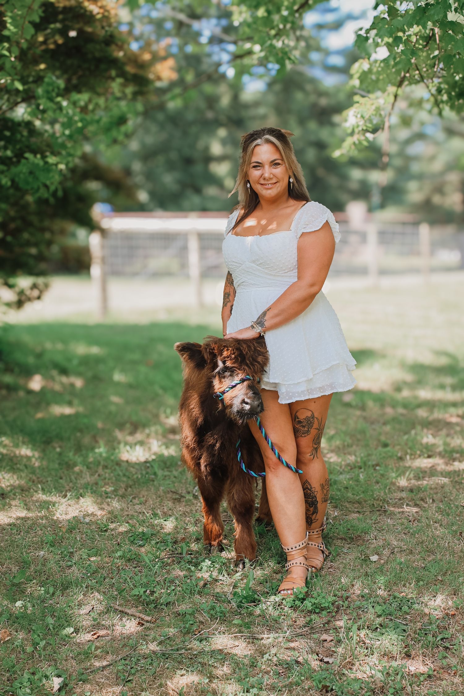 A brown Australian Shepherd dog stands with someone in a white dress on a grassy lawn surrounded by trees.