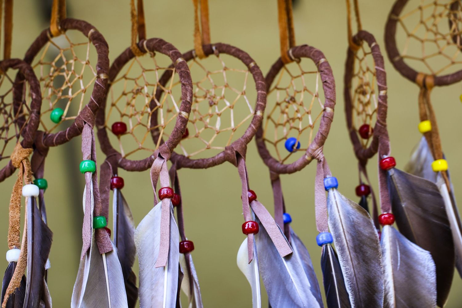 A row of colorful dream catchers with feathers and beads hanging on wooden poles against a light colored wall.