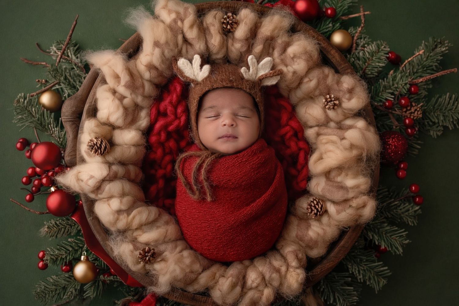 Festive Christmas scene with red ornaments, pine cones, and evergreen branches against dark green background.