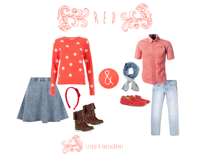 His and hers coordinated date night outfits featuring coral polka dots, denim, and brown boots.