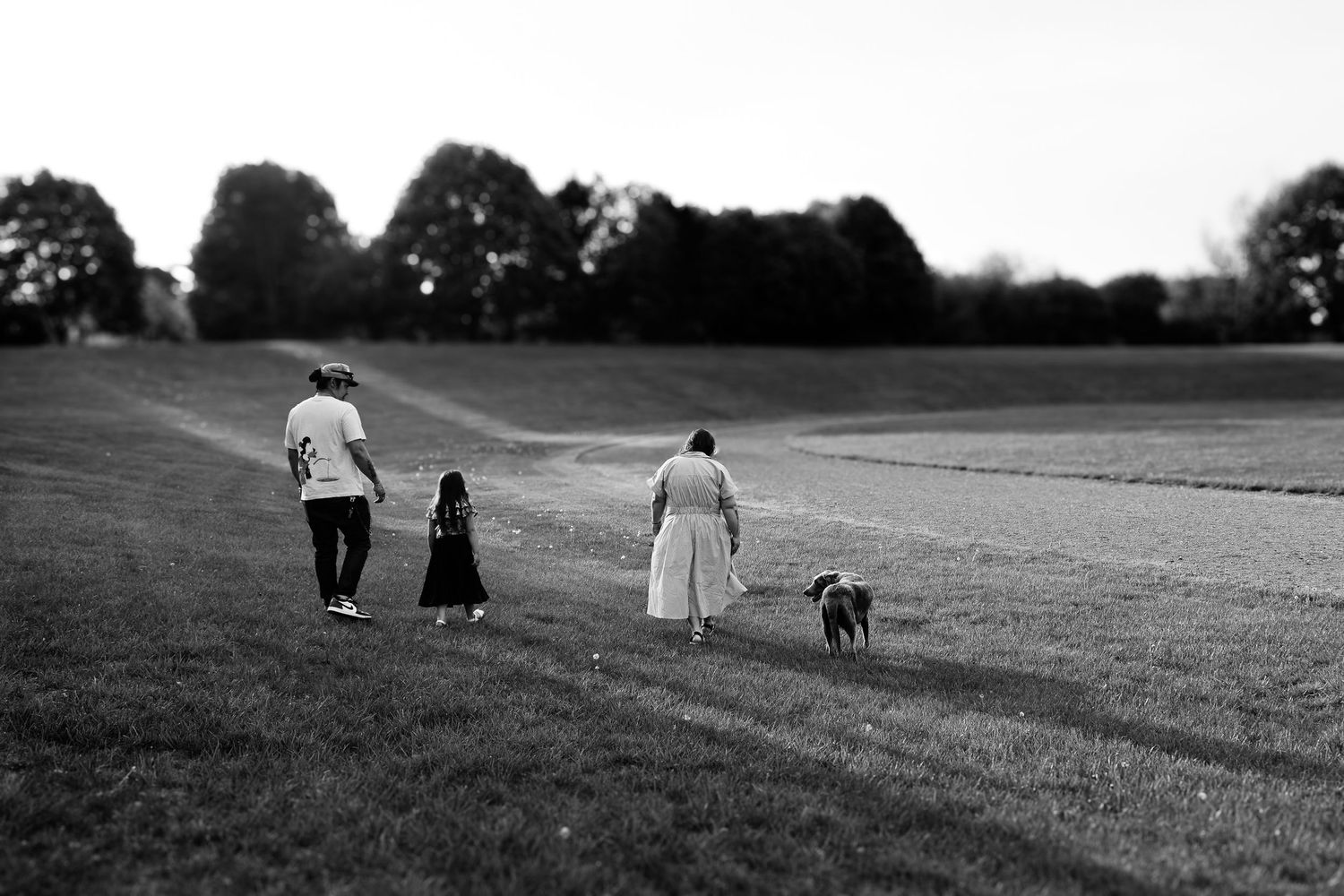 People walking their dogs on a grassy hillside in a black and white landscape photograph.