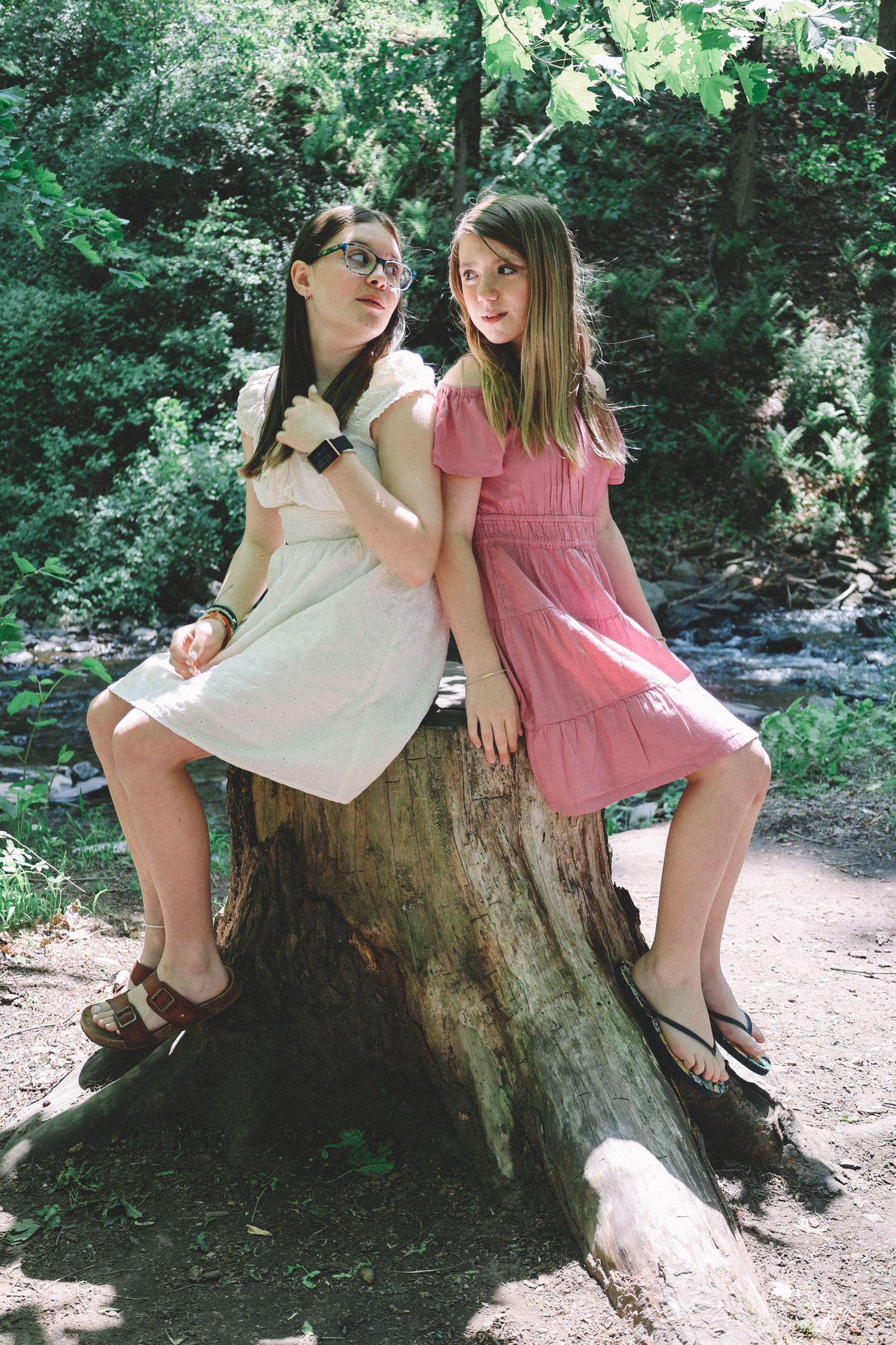 Two people in summer outfits sit together on a large tree stump in a shaded forest setting.