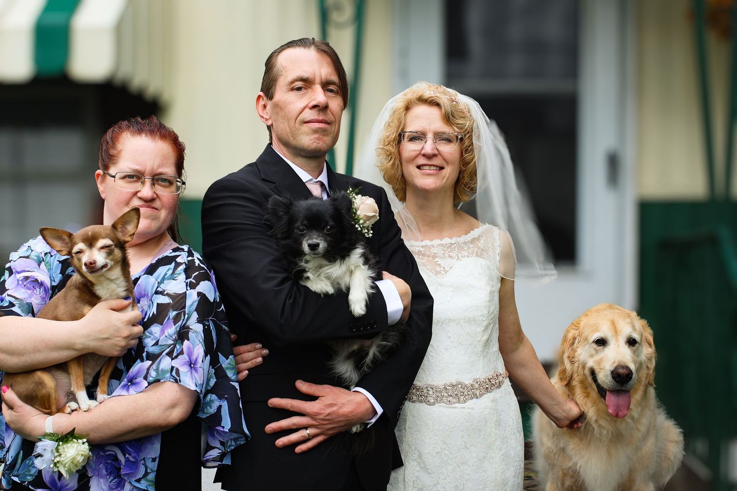 Wedding couple and guest pose together with their beloved dogs at an outdoor venue.