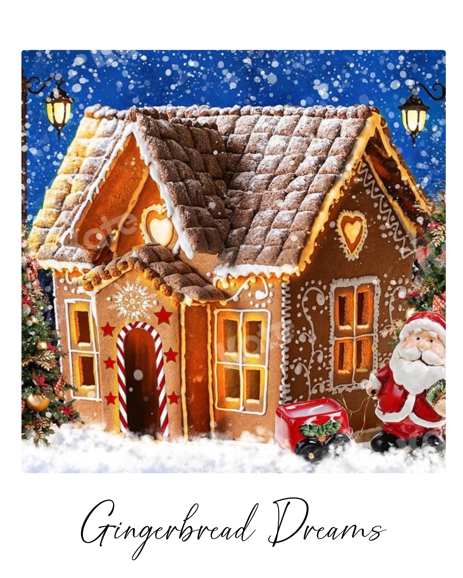 Festive gingerbread house decorated with white icing and candy, displayed in a snowy winter scene with glowing lanterns.