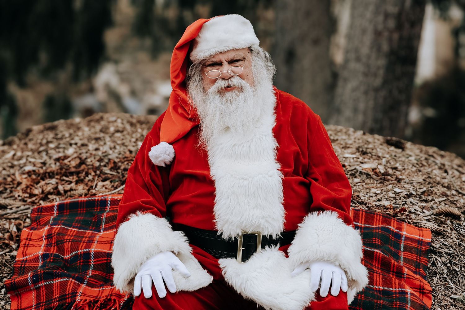Santa Claus sits on a plaid blanket in the forest surrounded by autumn leaves and trees.