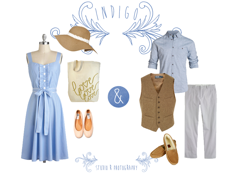 Fashion outfit guide in light blue themed coordinating pieces for couples labeled 'Indigo'.