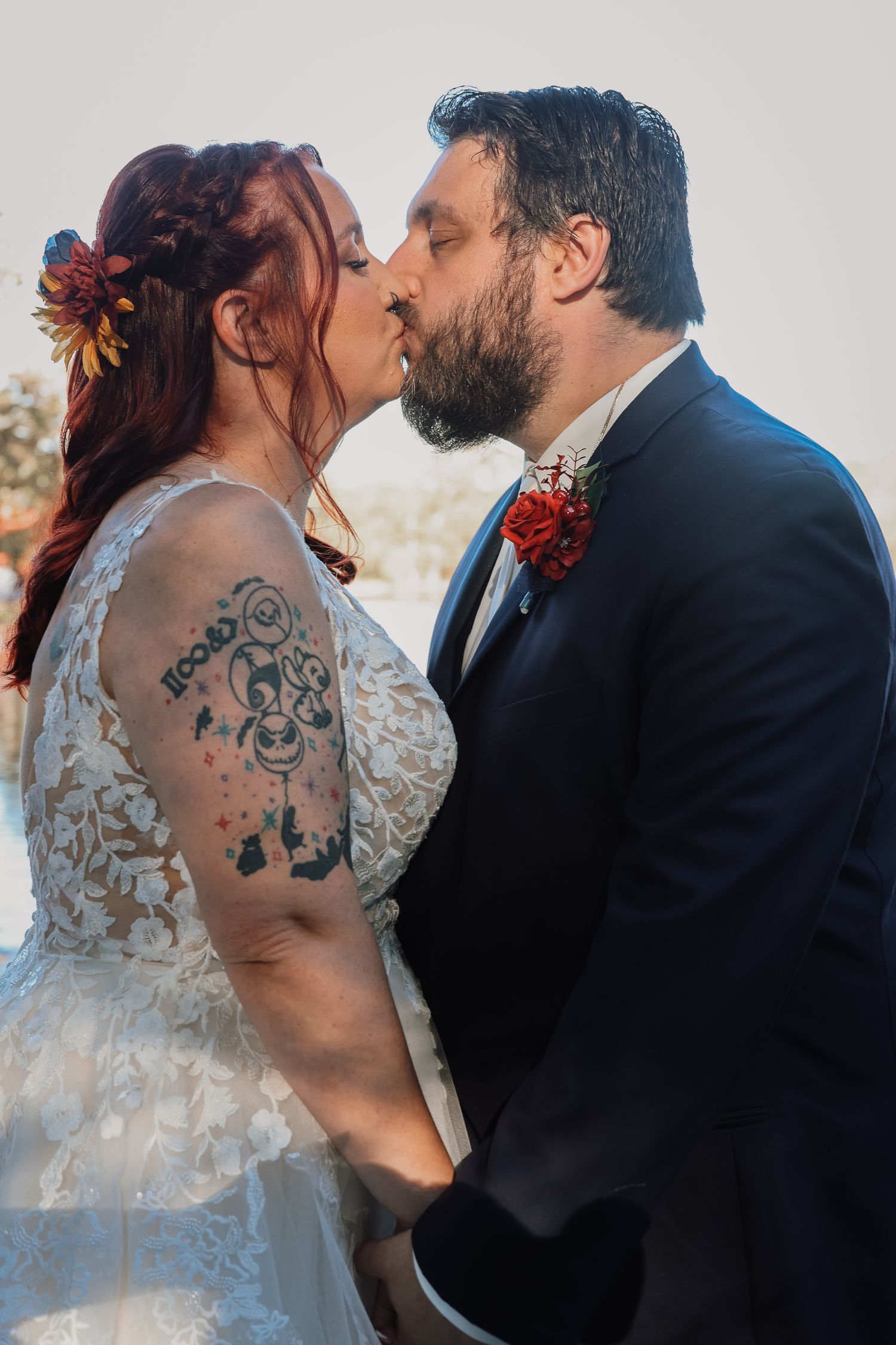 A romantic wedding moment captured in multiple frames showing a couple sharing intimate kisses in formal attire.