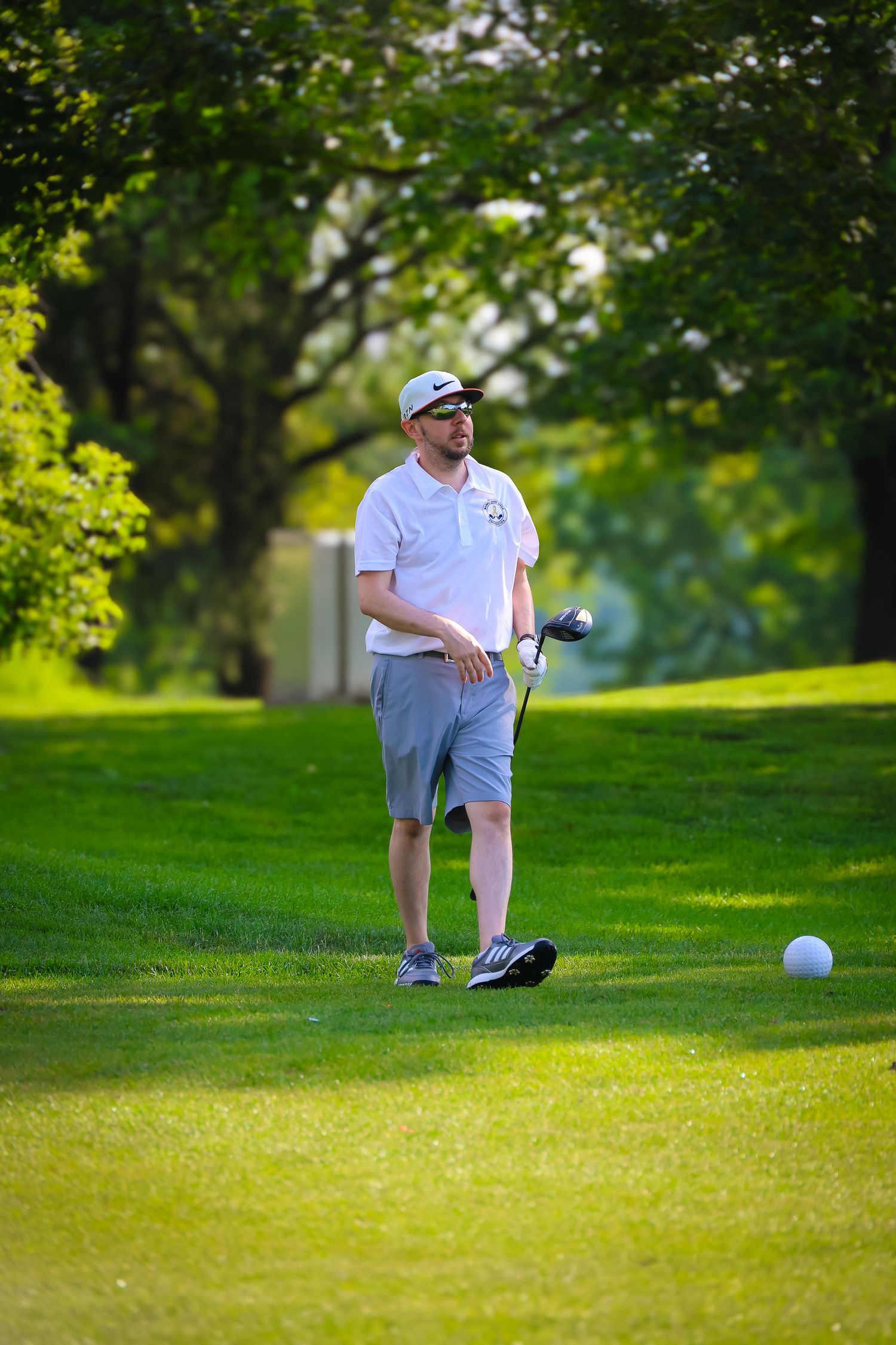 Golfer in white shirt crouches down to study the green before putting on a sunny golf course.