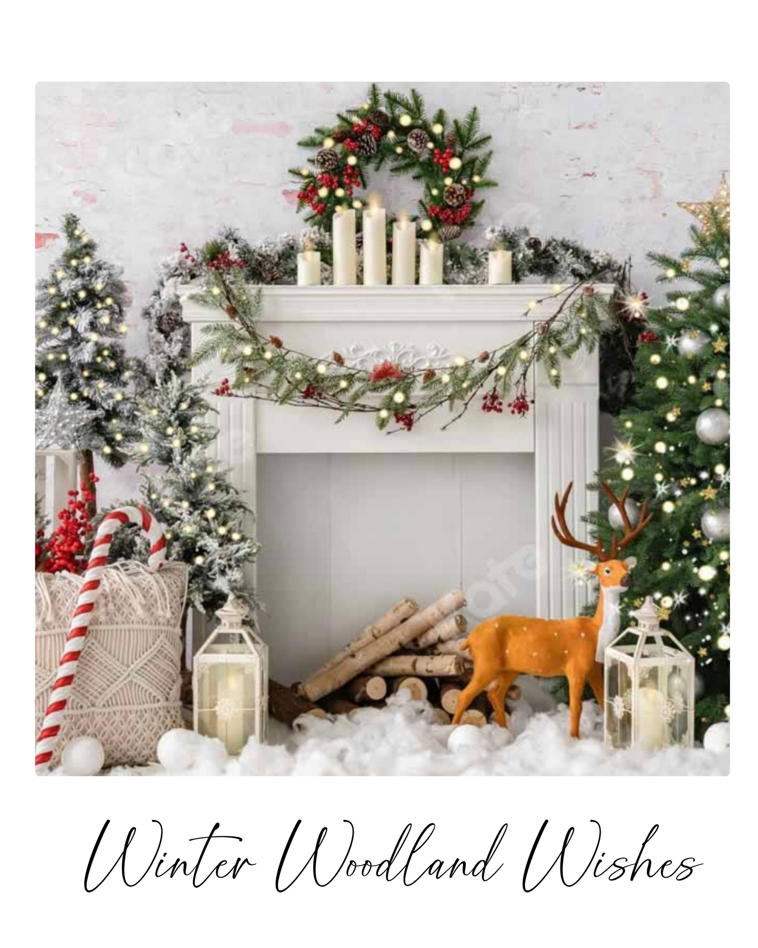Festive winter woodland Christmas card with wreath, candles, deer, and decorated trees by a white fireplace.