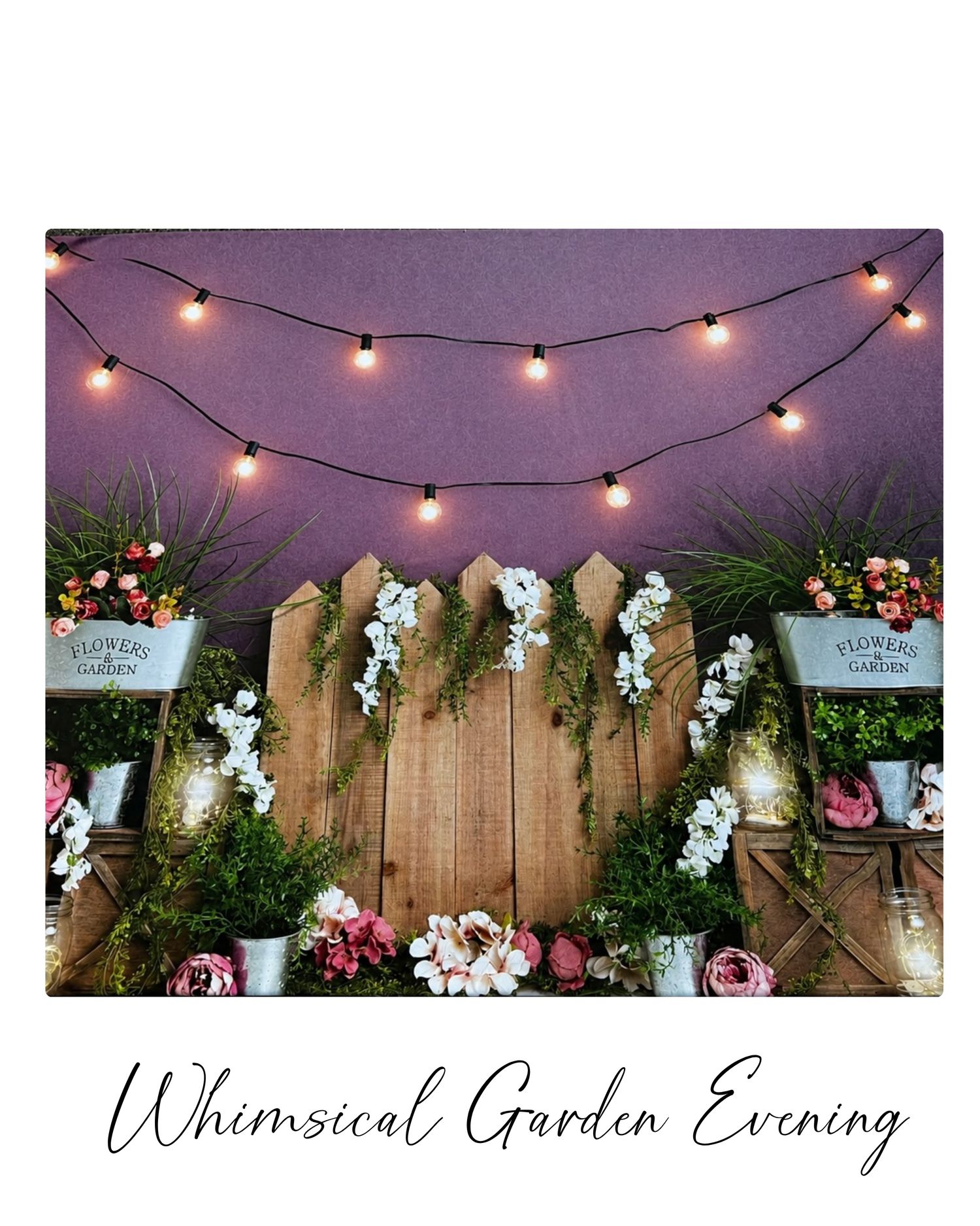 Whimsical garden evening backdrop with string lights, wooden fence, lush greenery, and colorful floral arrangements.