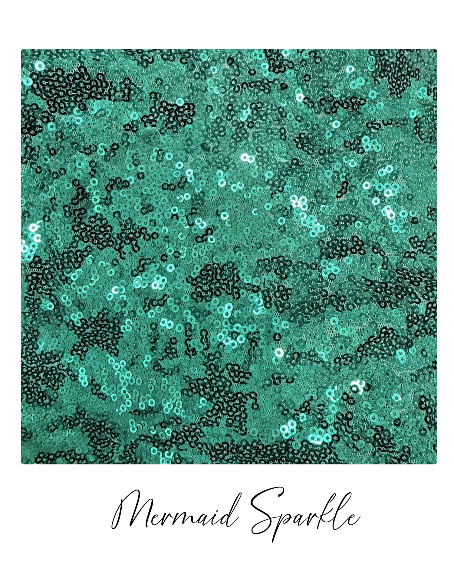 Mermaid Sparkle sequin fabric swatch in vibrant teal and black glitter texture.