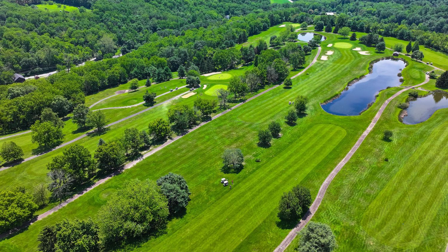 Aerial view of a lush golf course with winding fairways, trees, and small ponds nestled in green landscape.