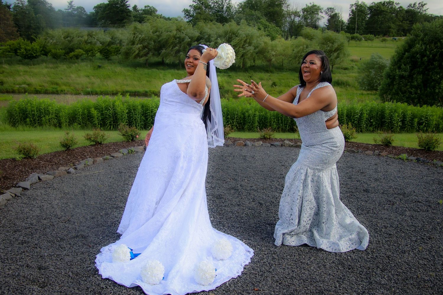 A series of wedding photos showing a couple in white dress and gray attire dancing and celebrating outdoors.
