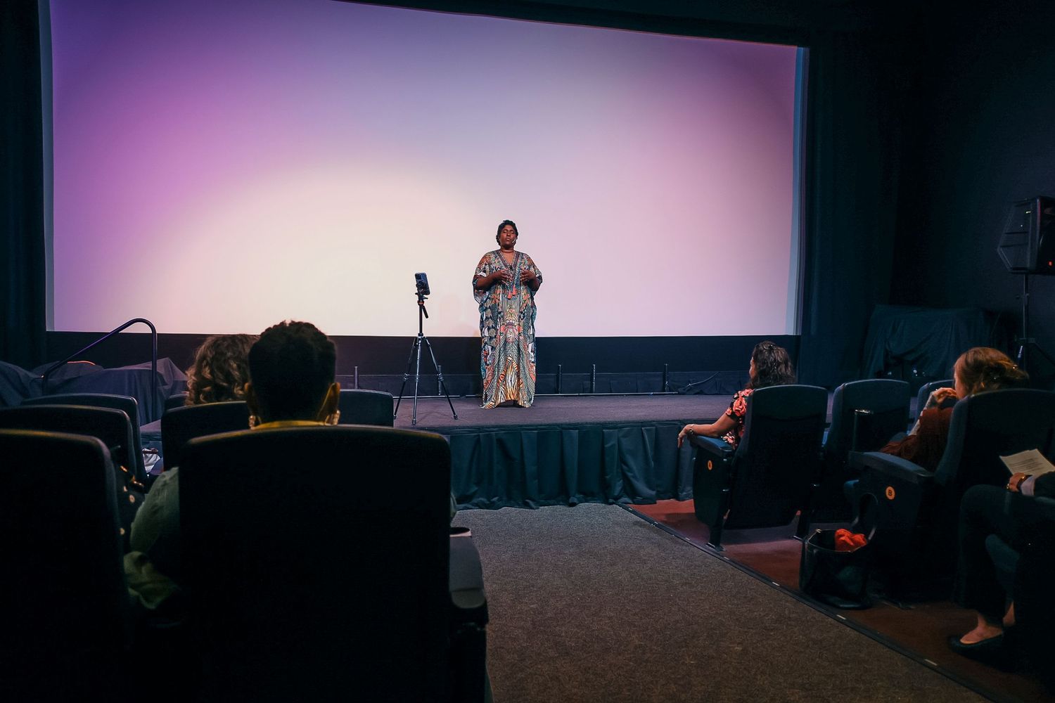 Speaker presenting on stage in a small cinema theater with audience seated in dark blue chairs before a large screen.