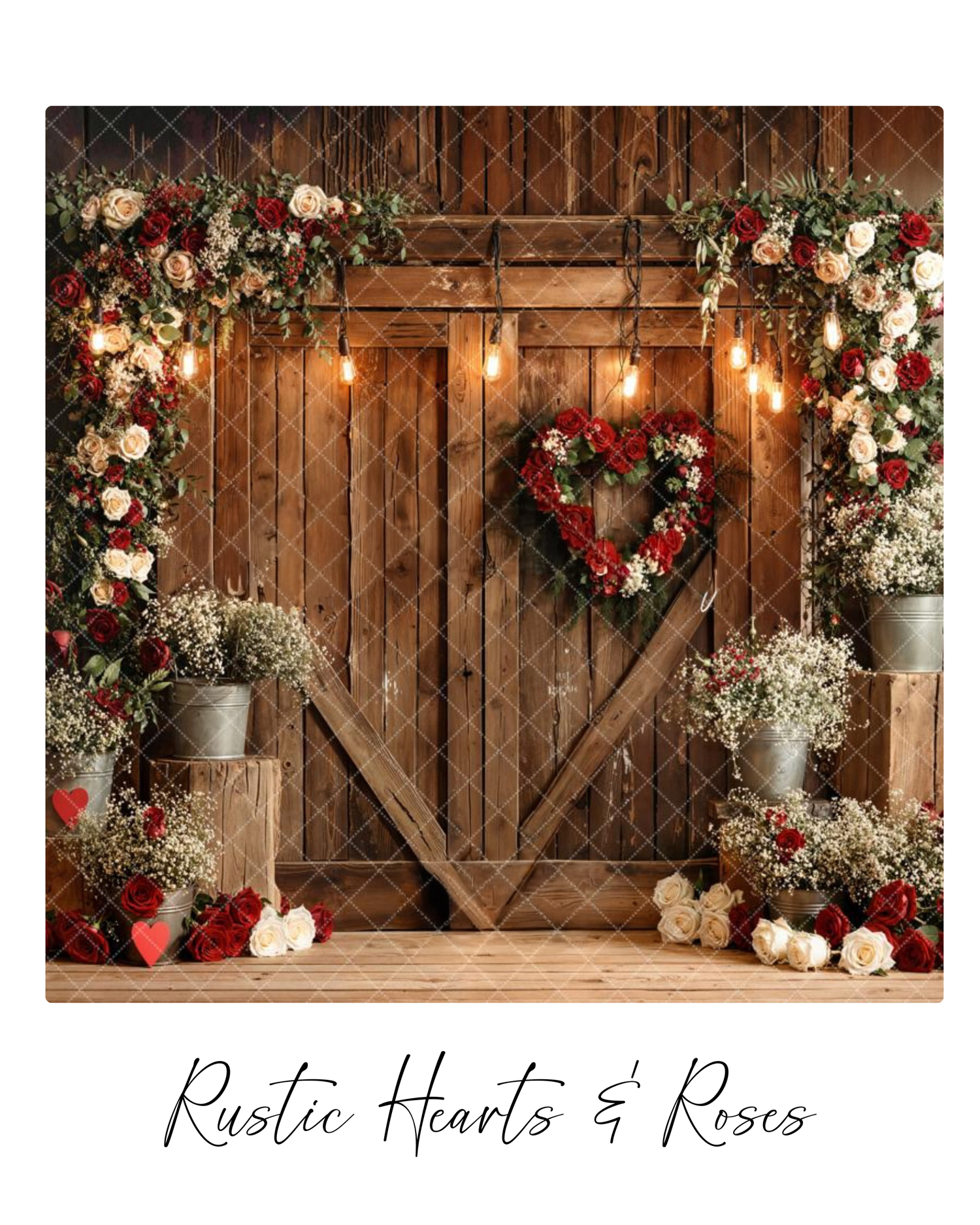 Rustic barn door backdrop decorated with romantic floral arrangements of roses and baby's breath with warm glowing lights.
