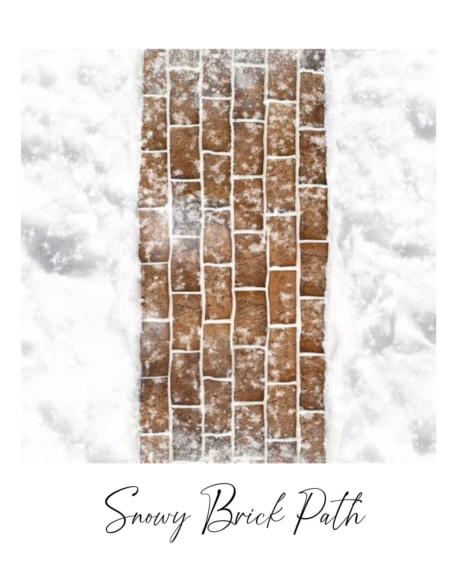 A snow-covered brick pathway stretches into the distance with white winter scenery on both sides.
