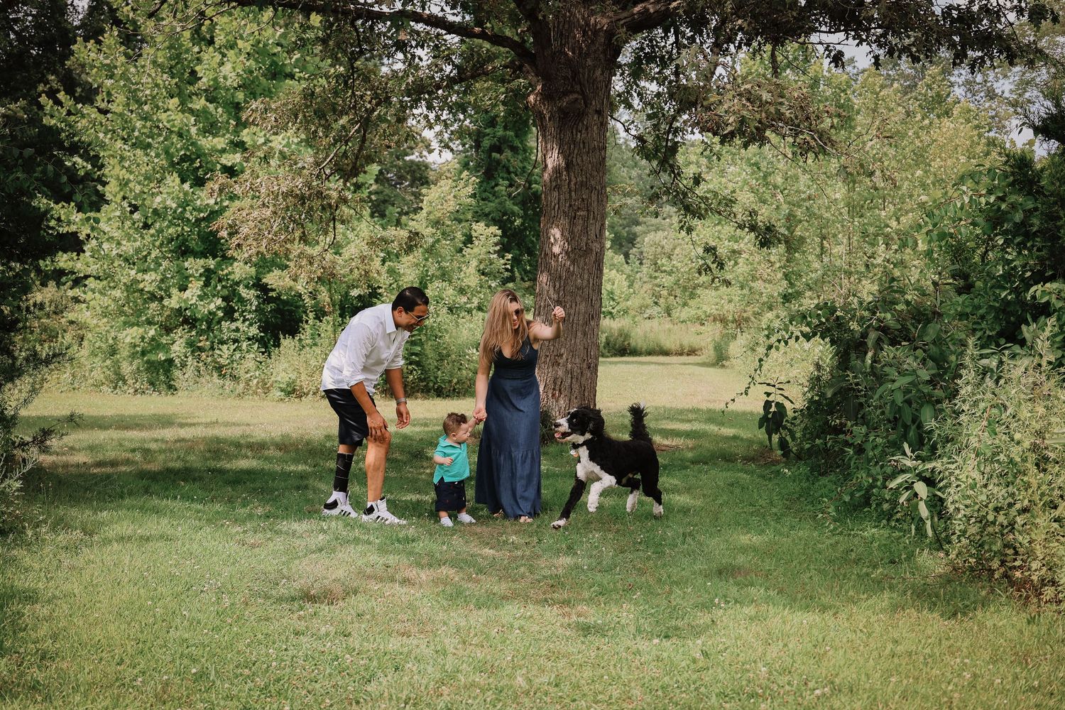 People gather on a grassy lawn under shaded trees for an outdoor photoshoot session in a natural setting.