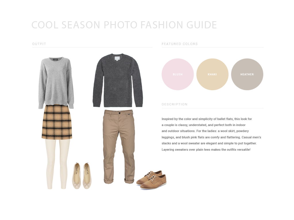 Coordinated couple's outfit with plaid skirt and khaki pants in neutral tones.