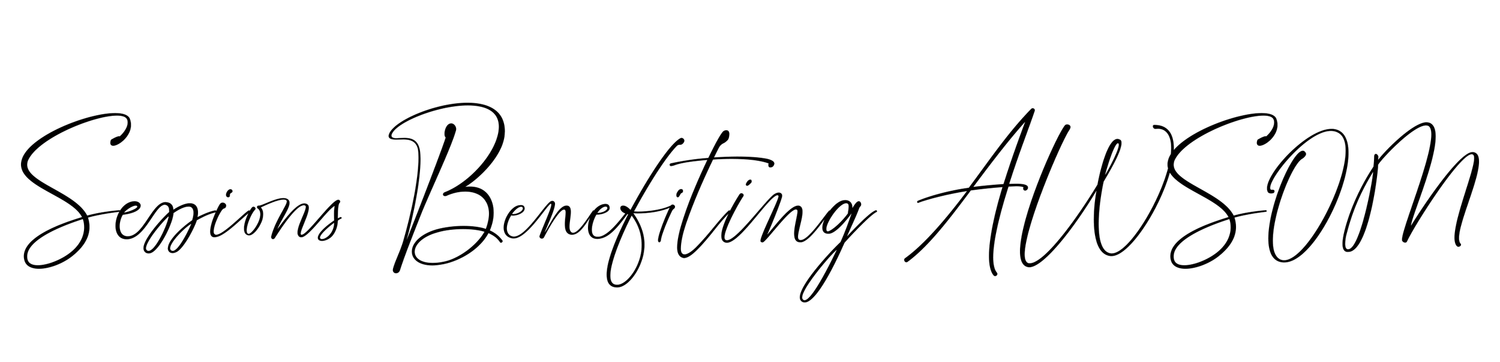 Decorative script text reading 'Sessions Benefitting AWSDM' in calligraphy style.