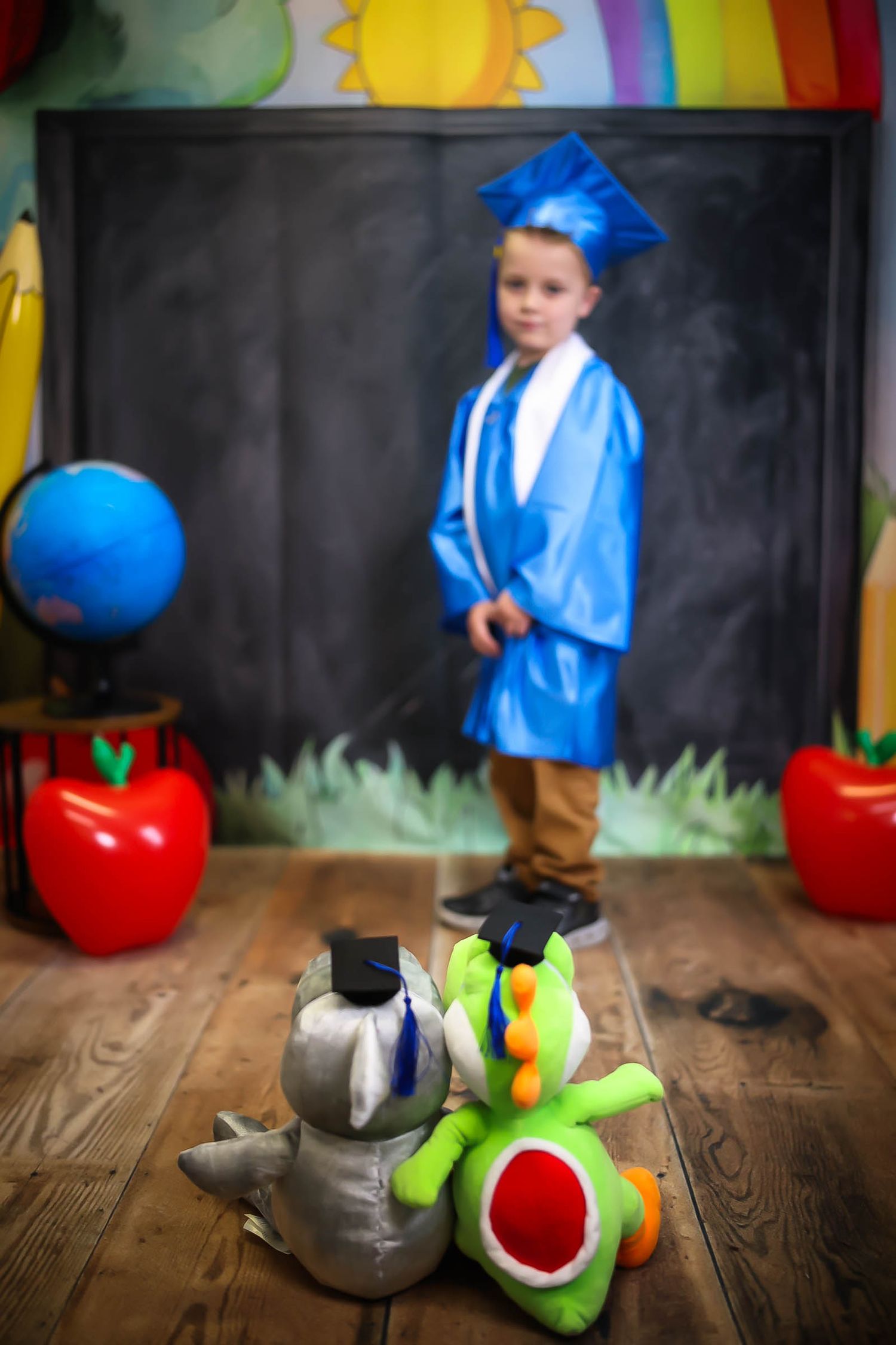 Young boy in blue graduation cap and gown stands before chalkboard with stuffed animals in caps in foreground.