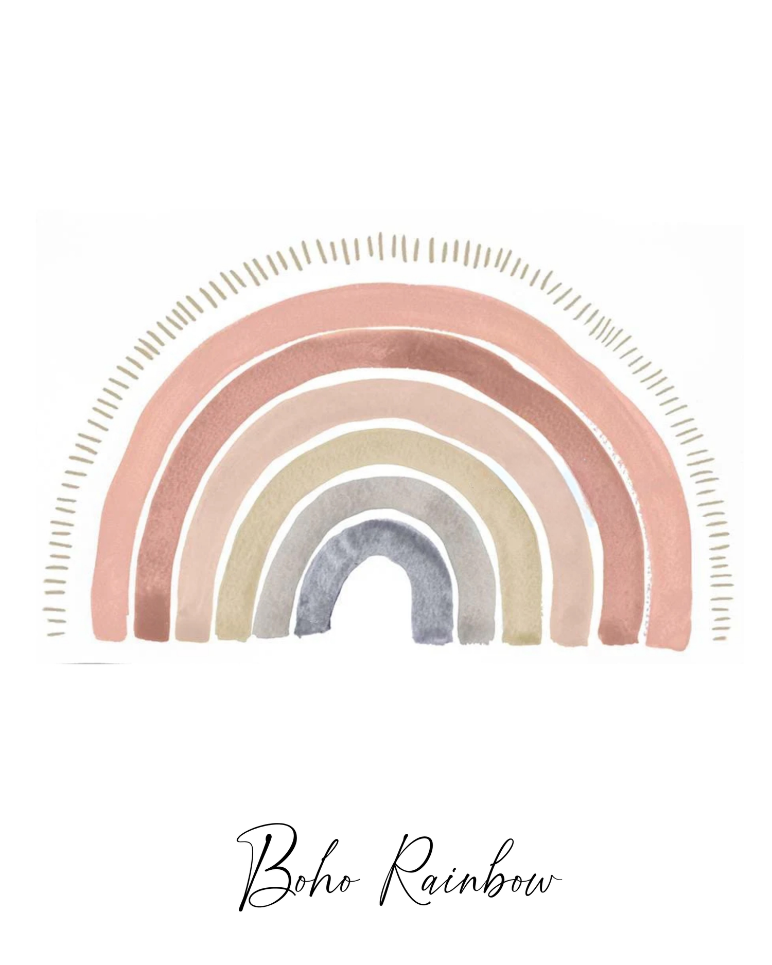 Watercolor boho rainbow art print in muted earthy tones of pink, taupe, and gray with decorative dashes.