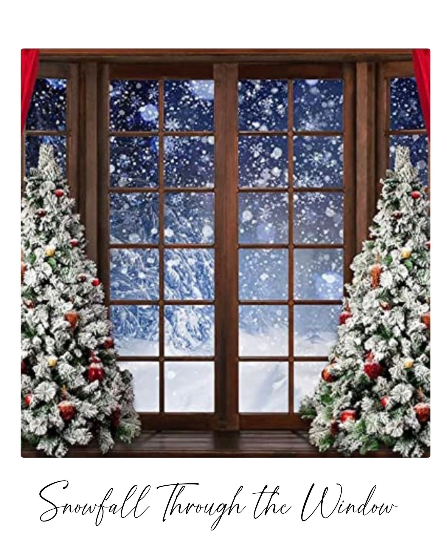 A snowy winter scene through a wooden window frame with two frosted Christmas trees flanking the sides.