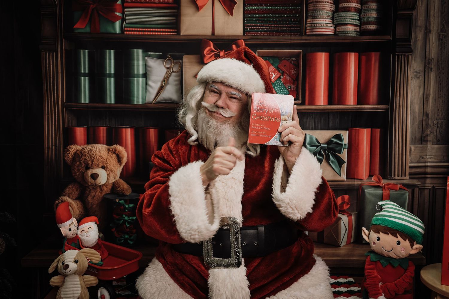 A festive holiday photo collage showing Santa Claus in various poses against a red and wooden backdrop.