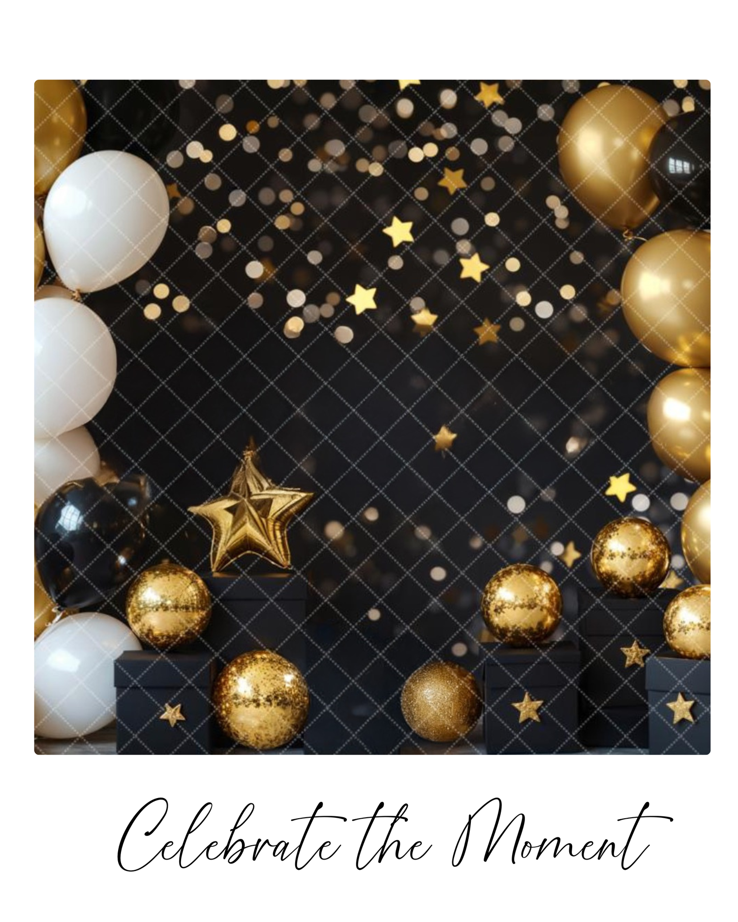 Elegant black and gold party backdrop with shimmering metallic balloons and star decorations for a celebration theme.