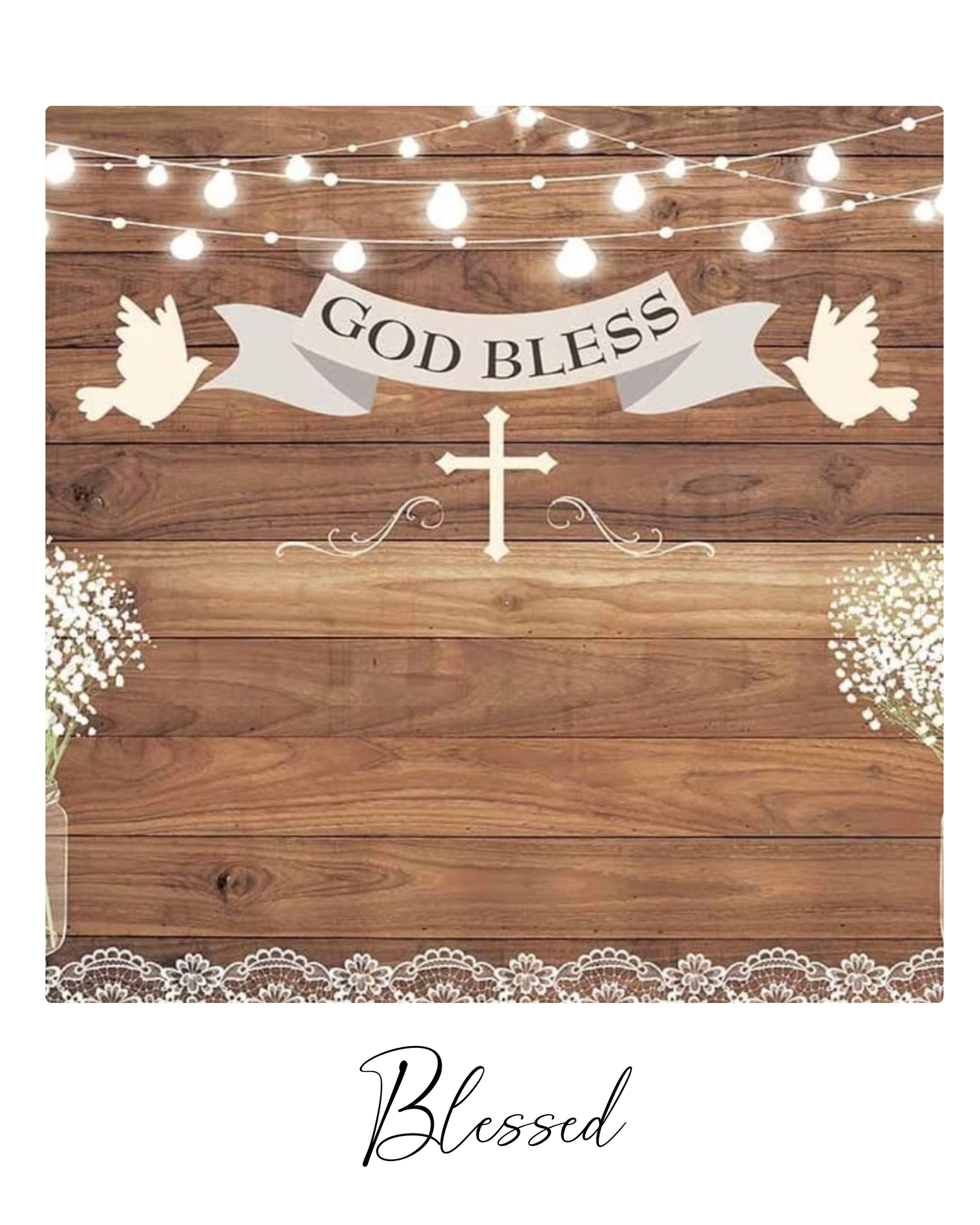 Rustic wooden background with string lights, white doves, and 'God Bless' text banner creating a blessed themed design.