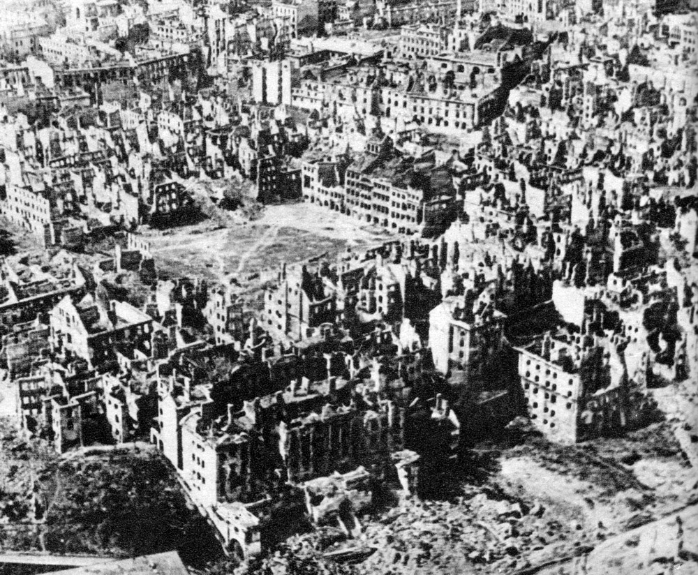 Aerial view of destroyed Dresden, Germany after World War II bombing showing devastated buildings and ruins in 1945.