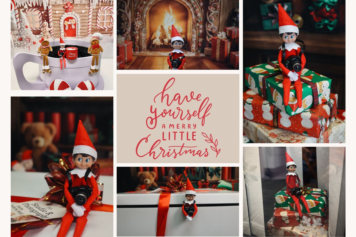 A collection of holiday photos featuring an Elf on the Shelf doll in various festive Christmas scenes and decorative settings.