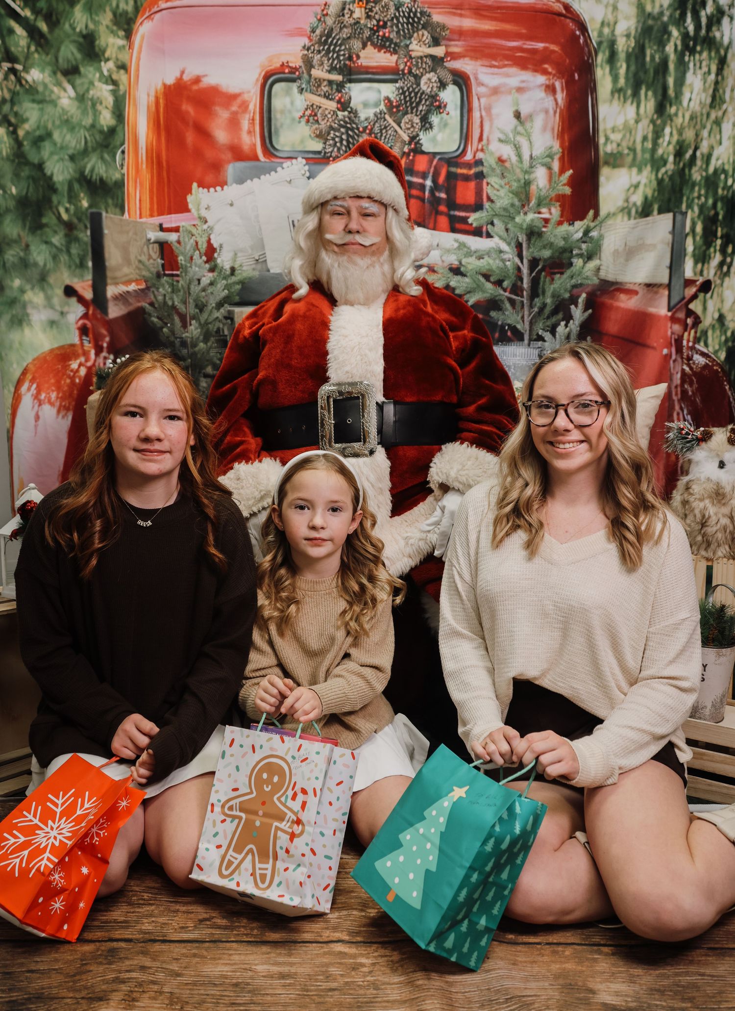 Five holiday photos showing people sitting on a rustic bench with Christmas presents and festive decorations.