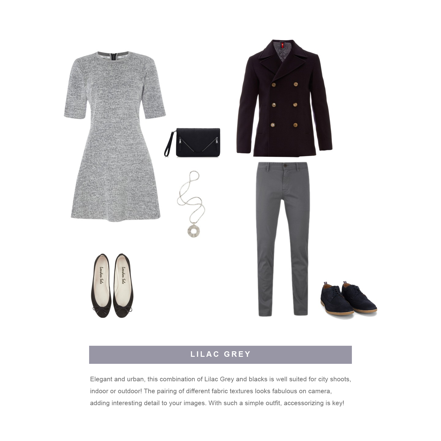 Elegant grayscale outfit combination featuring dress, blazer, pants and classic accessories.