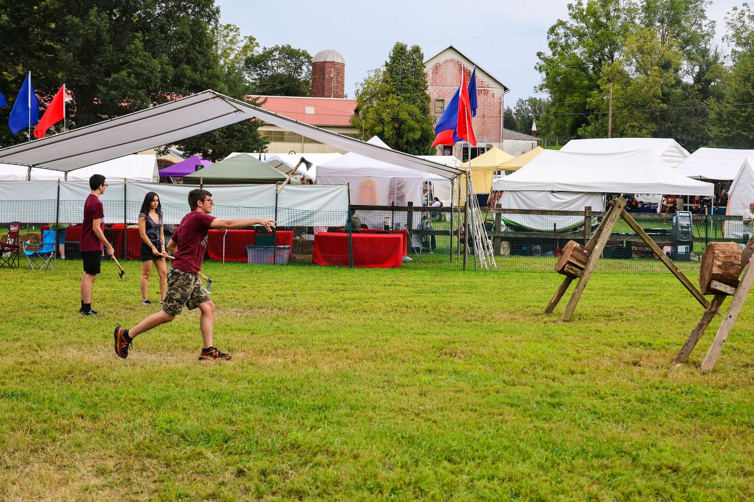 People playing volleyball on a grassy field with tents and festival booths in the background.
