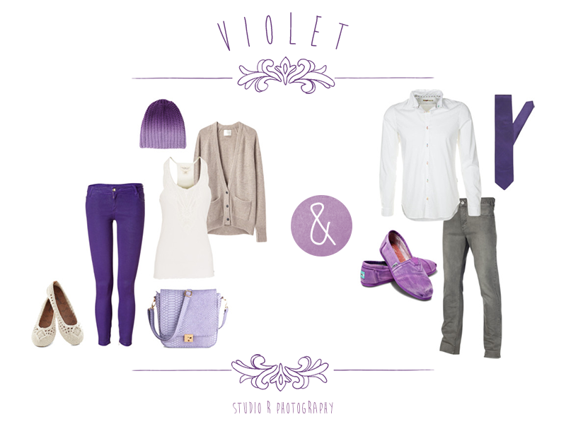 Fashion style guide in violet and purple tones showing coordinated clothing and accessories for couples.