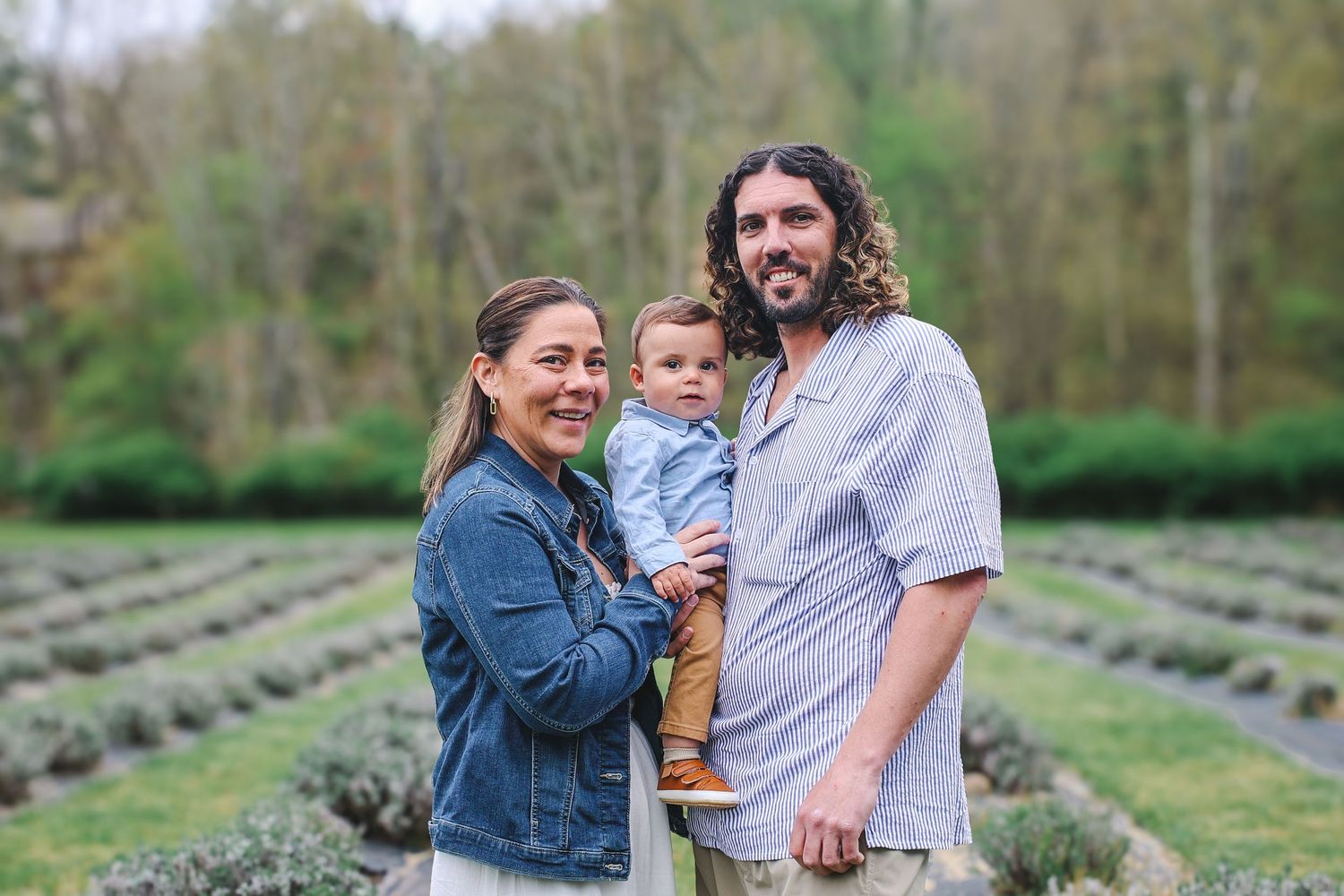 Family portrait session in a lavender field showing candid moments and laughter.