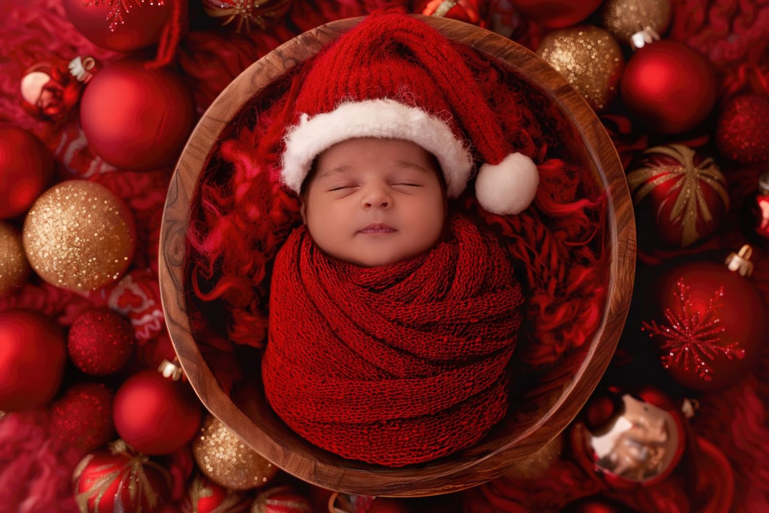 Newborn sleeping peacefully among red and gold Christmas ornaments and decorations in festive holiday setting.