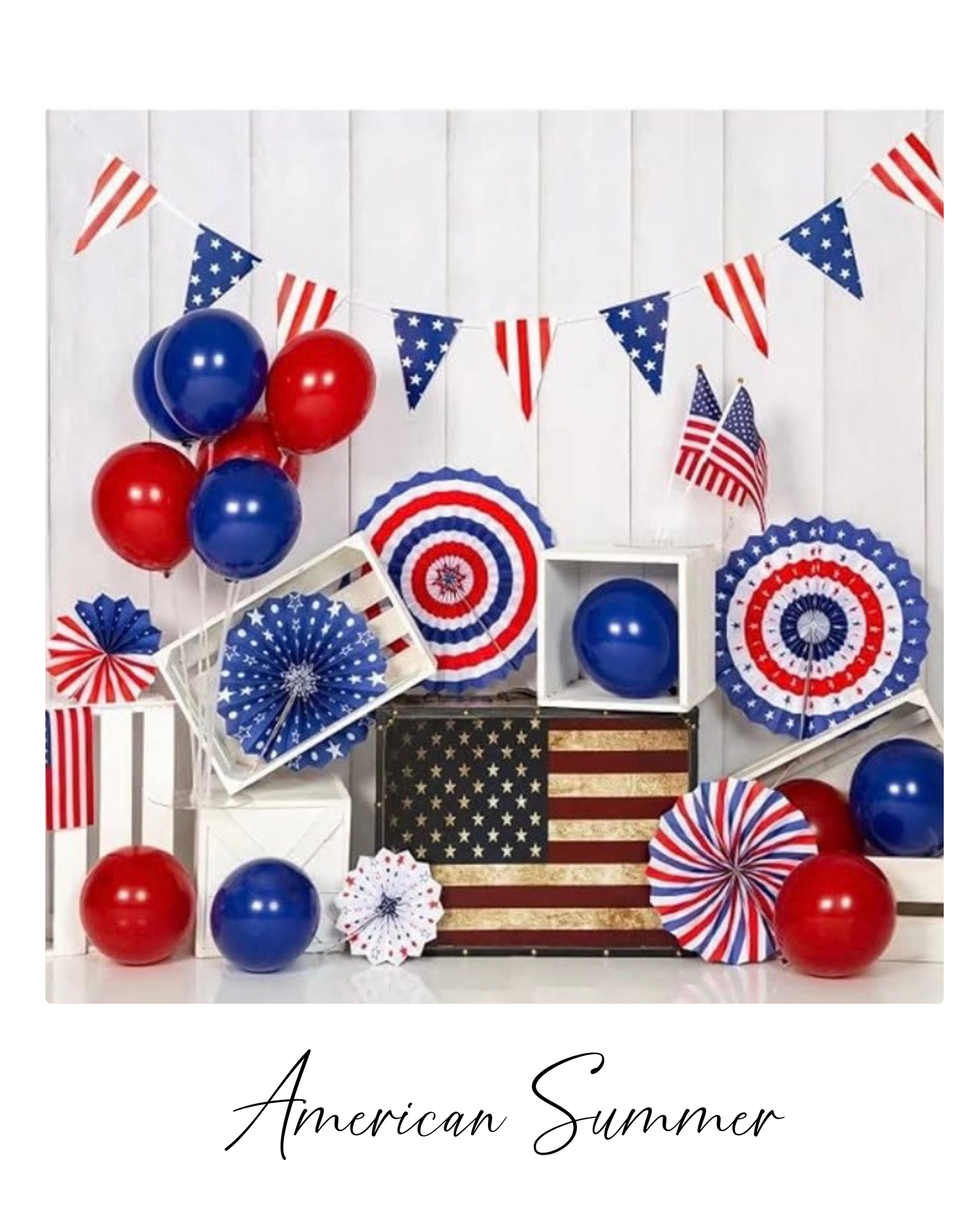 Patriotic American Summer party decor with red, white, and blue balloons, paper fans, bunting, and an American flag display.