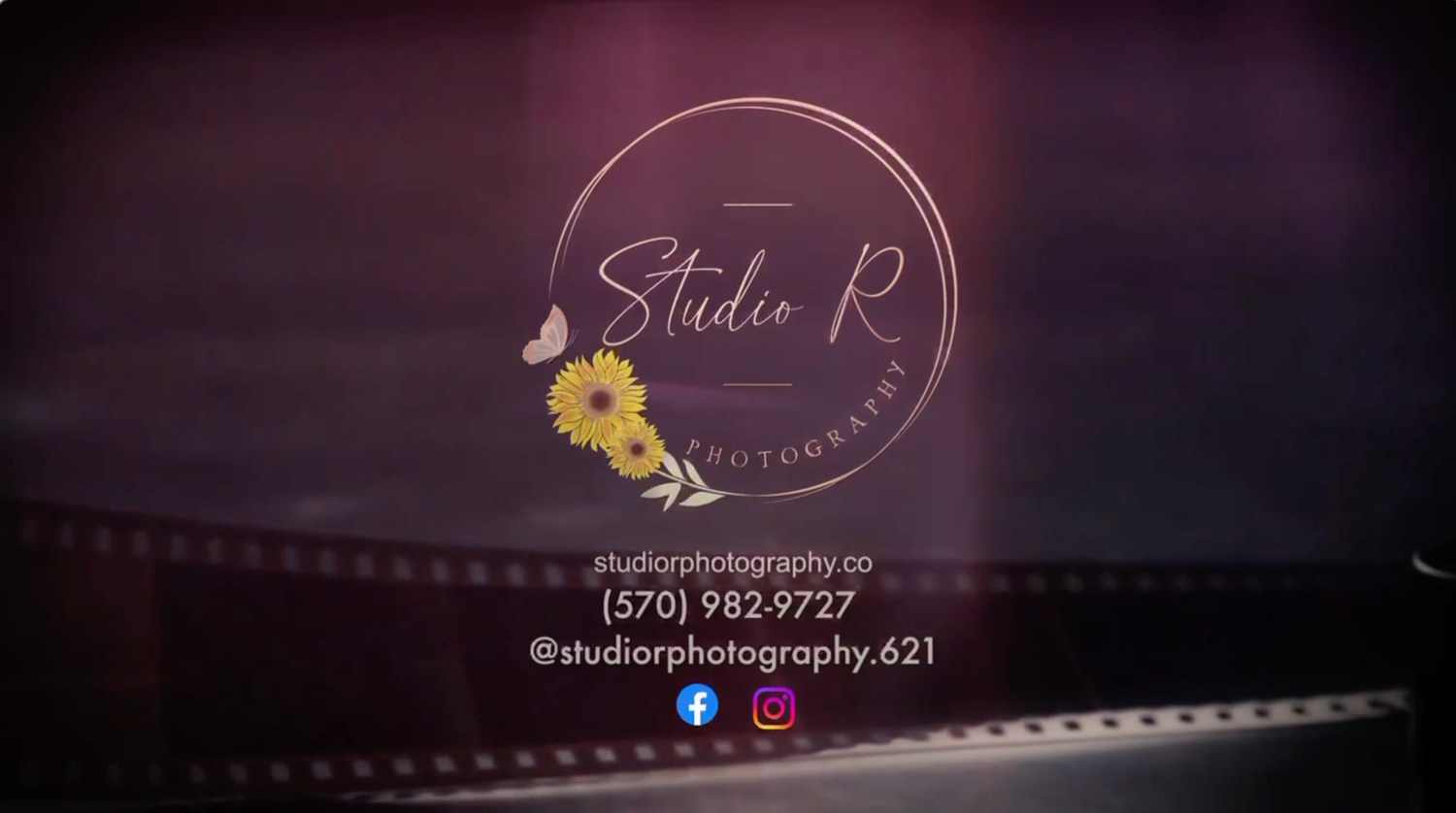 Purple gradient banner with photography studio branding and contact information.
