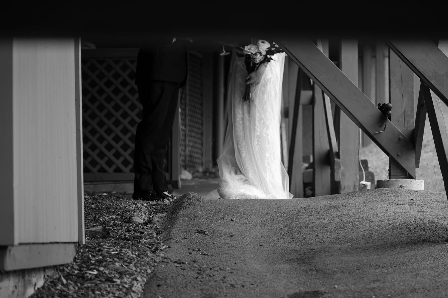 A black and white photo collage showing multiple wedding scenes with a bride in a flowing white dress.