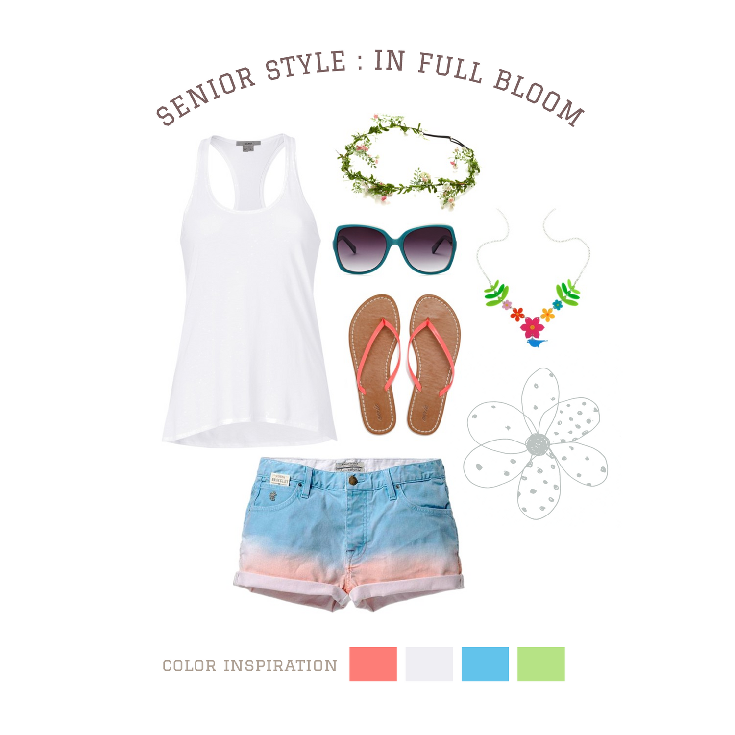 Beach-ready outfit with white tank, denim shorts, floral crown, sunglasses and brown sandals.