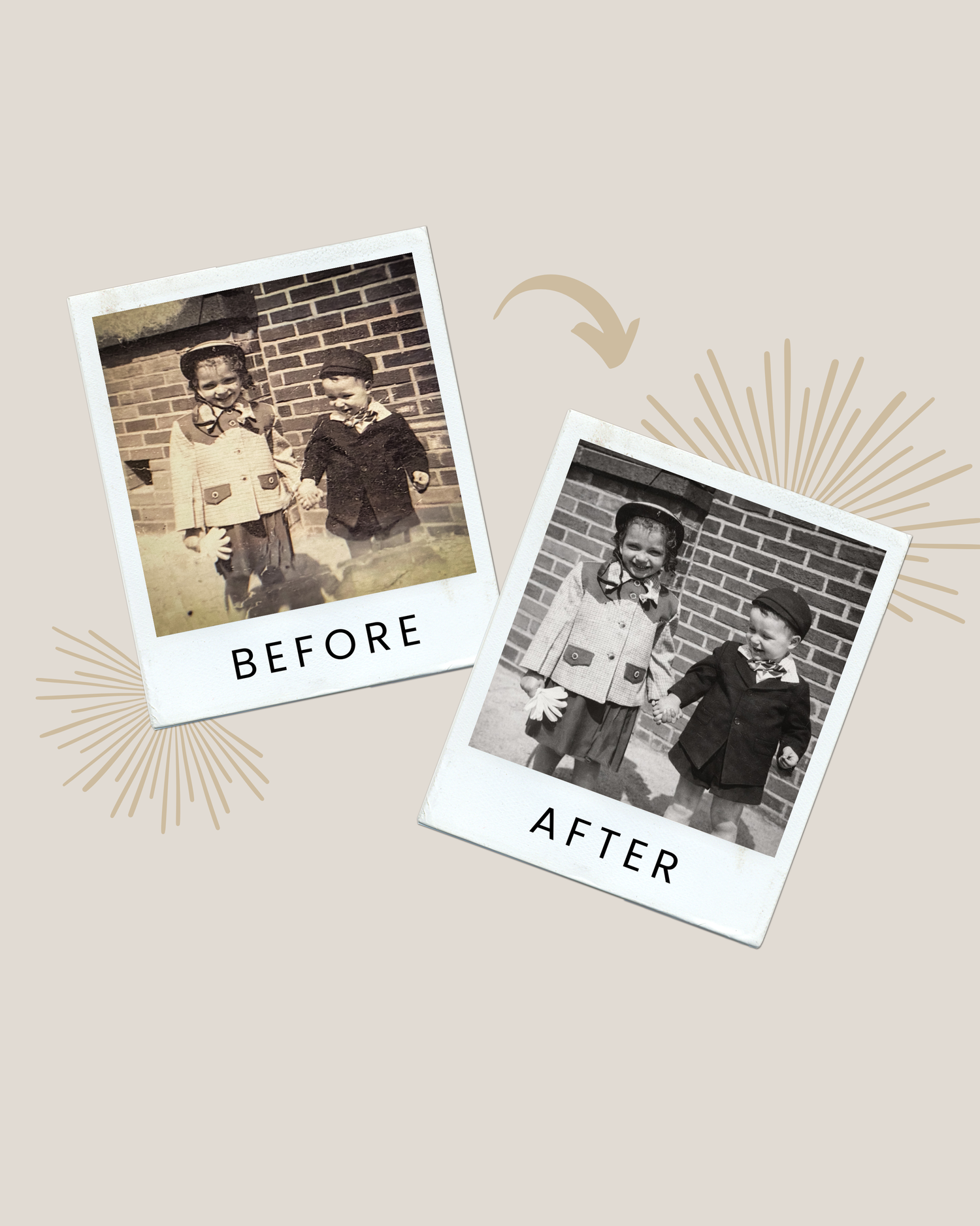 Vintage black and white photos arranged in a decorative layout with before and after text and gold sunburst accents.