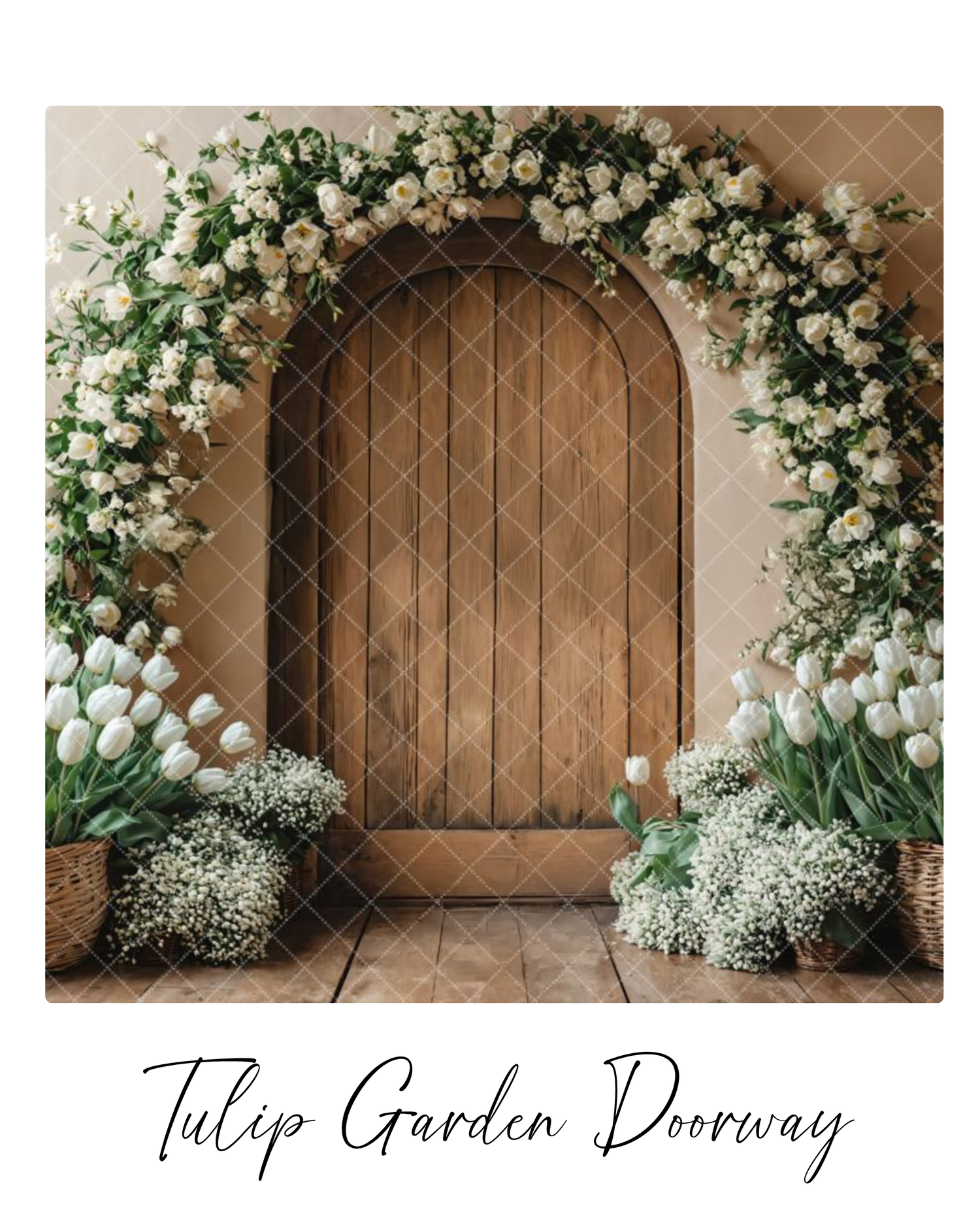 Elegant archway decorated with white roses and baby's breath flowers against a textured brown door and wall.
