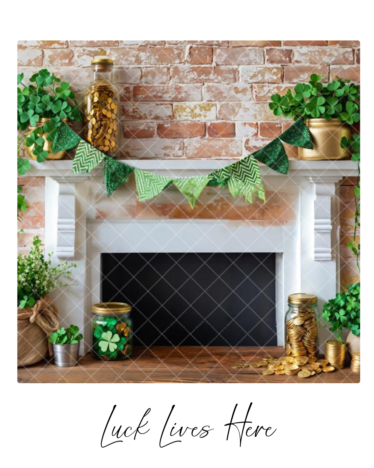 St. Patrick's Day themed mantel display with gold coins, shamrocks, and rustic brick backdrop creates festive Irish decor.