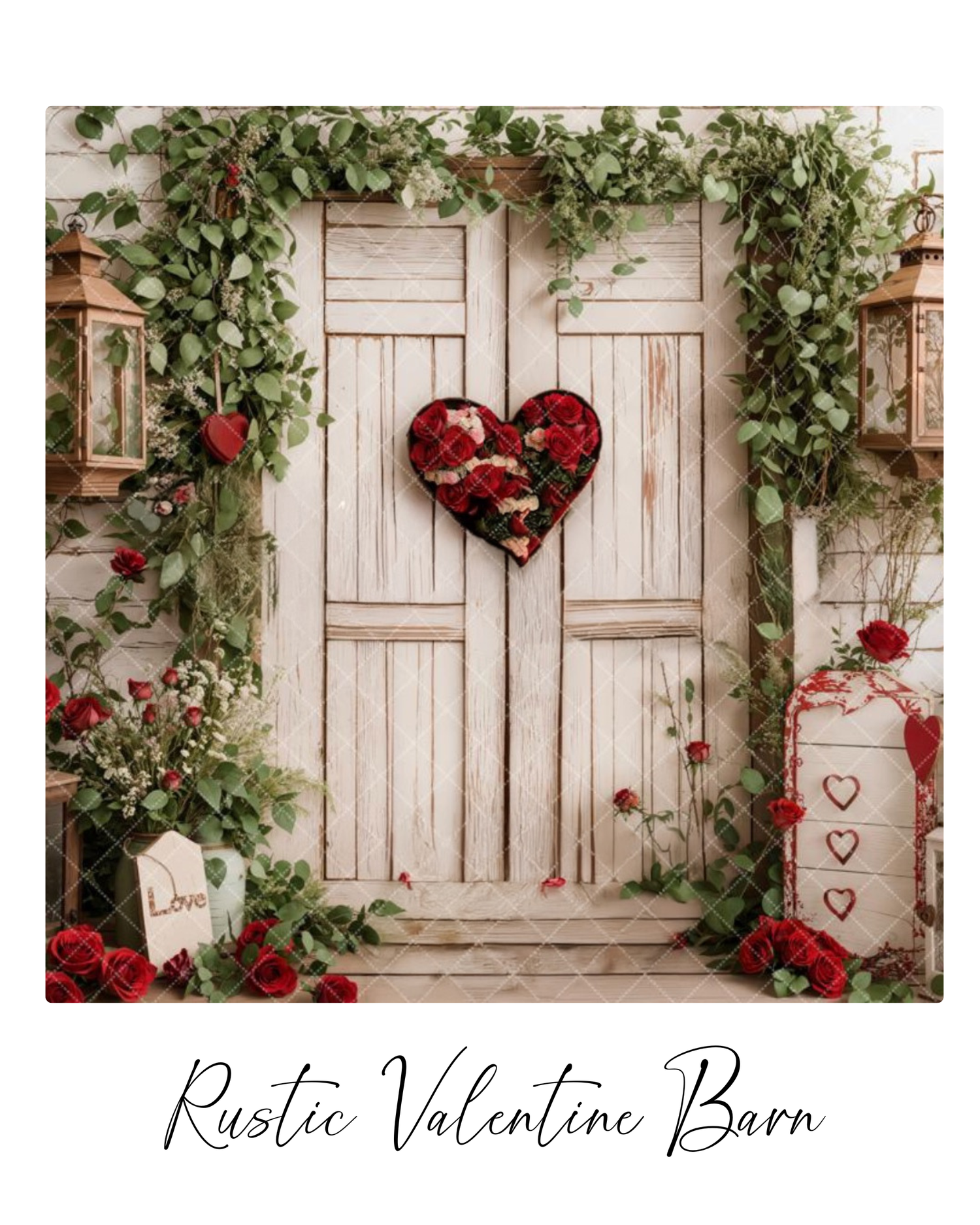 Rustic white barn doors decorated with red heart ornaments and climbing green vines create a romantic Valentine's Day scene.