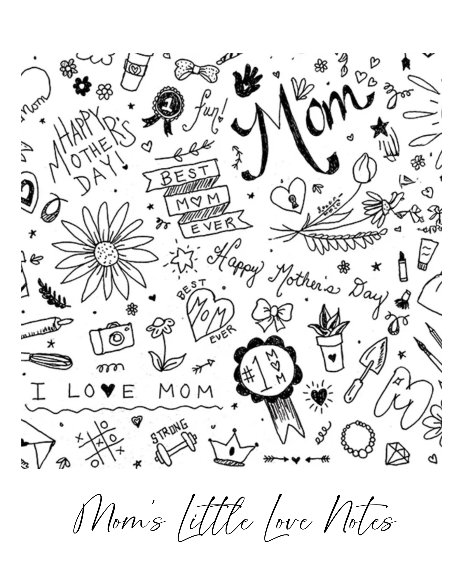 Hand-drawn doodles featuring hearts, flowers, and text with 