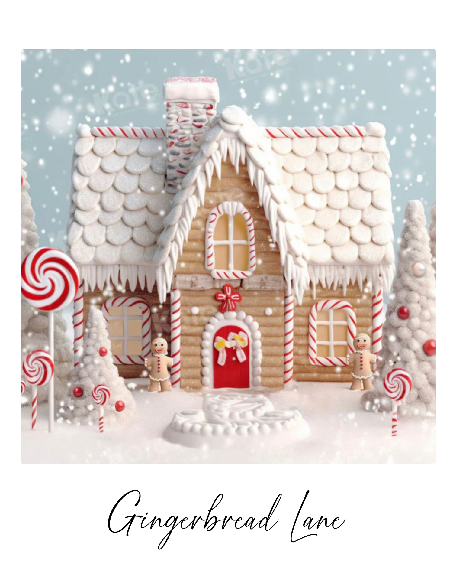 A whimsical gingerbread house decorated with candy canes, icing, and snow details sits on Gingerbread Lane in a winter setting.