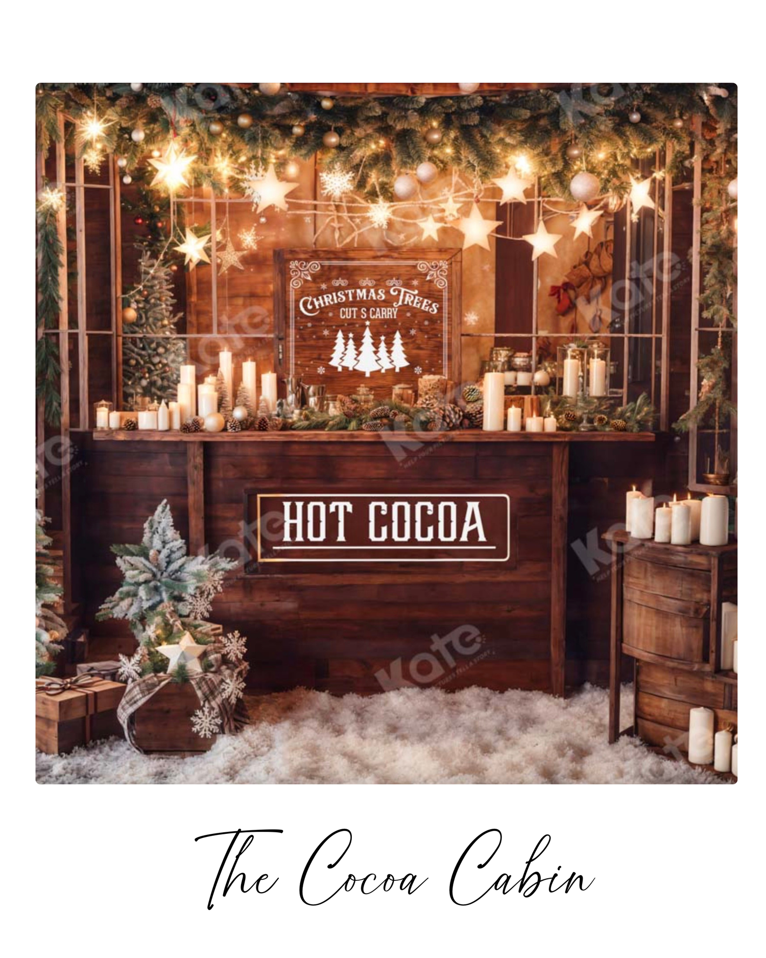 A cozy rustic cabin interior decorated for Christmas with twinkling lights, wooden walls, and a hot cocoa sign.