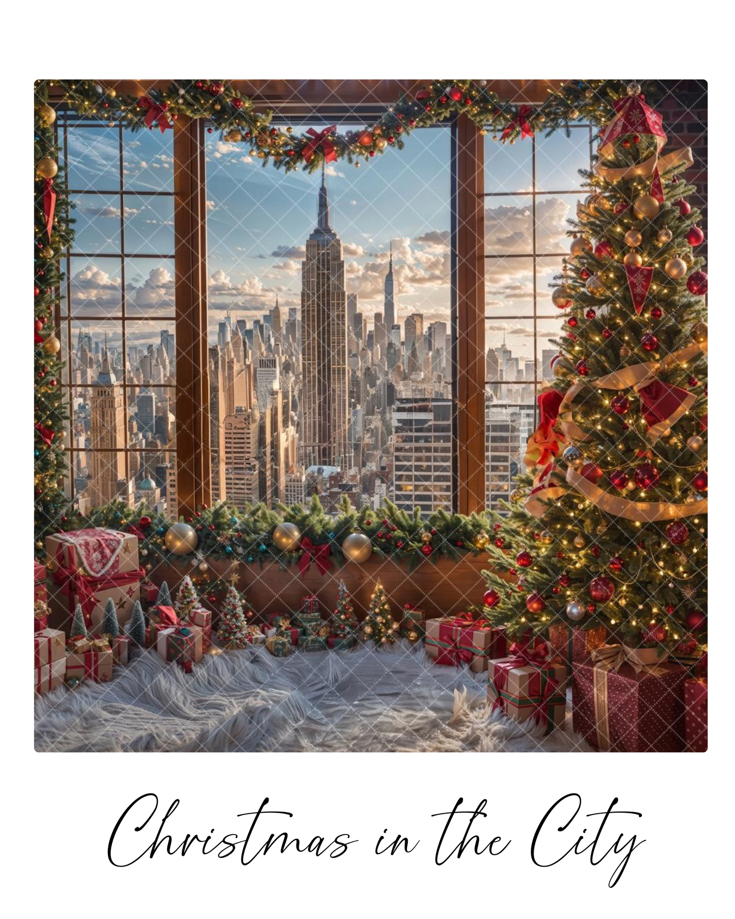 A festive Christmas scene with decorated trees and wrapped presents overlooking a snowy New York City skyline through windows.