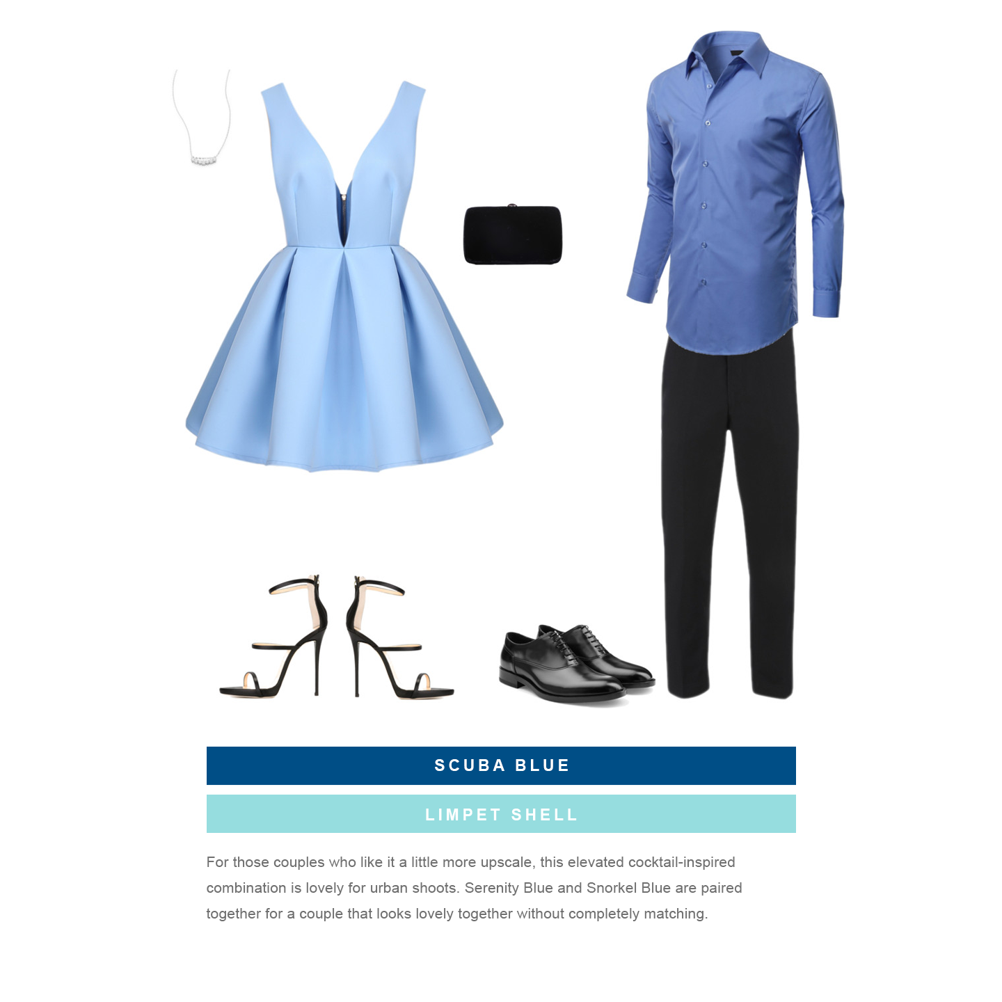 Coordinated outfit set with light blue dress, blue button-down shirt, and formal footwear options.